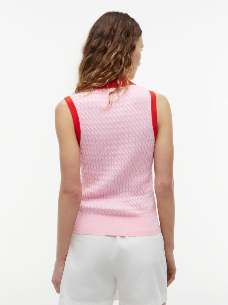 Pink Cable Knit Slim Sleeveless Polo Jumper  Women