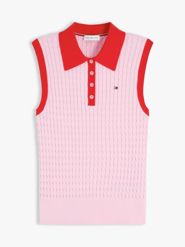 Pink Cable Knit Slim Sleeveless Polo Jumper  Women