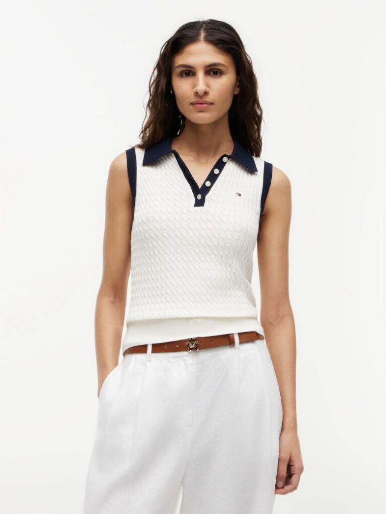 Bej Pulover Polo Fara Maneci Cu Croiala Slim Tricotat Cable  Femei