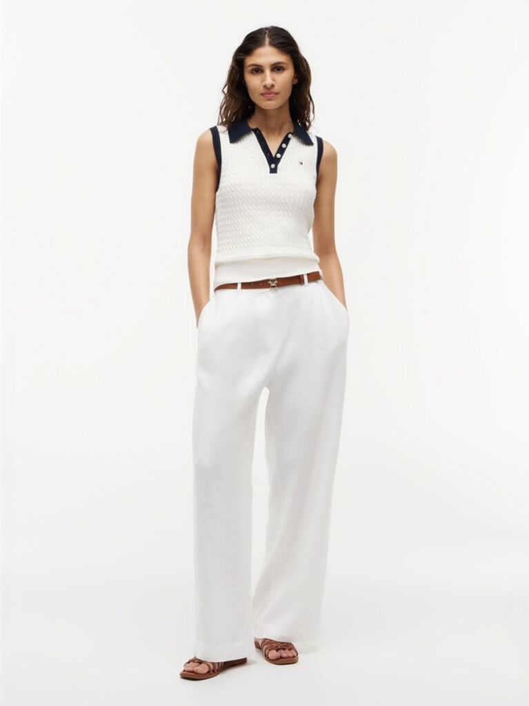 Bej Pulover Polo Fara Maneci Cu Croiala Slim Tricotat Cable  Femei
