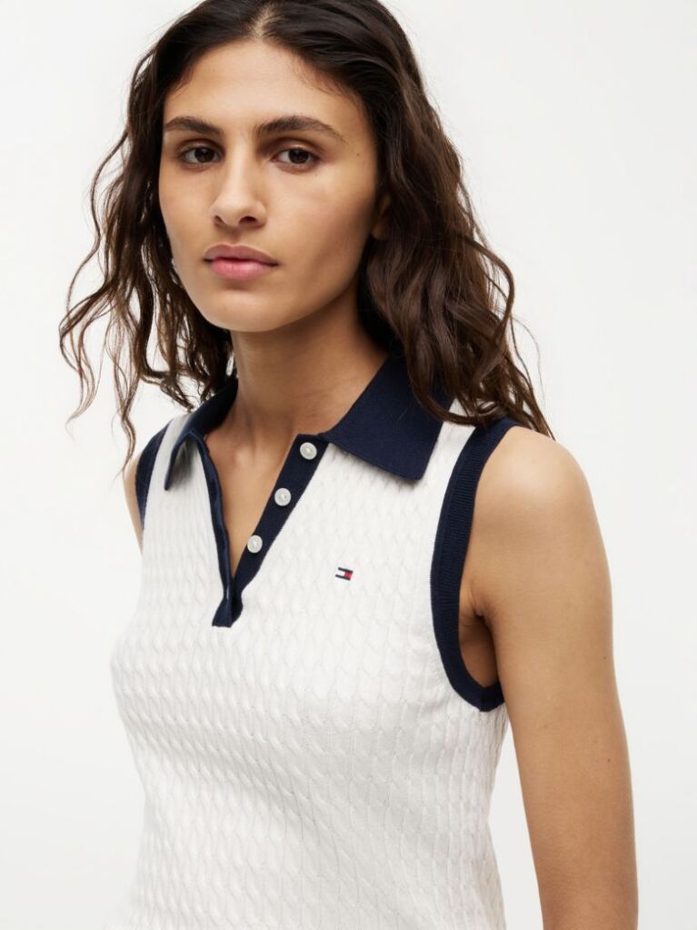 Bej Pulover Polo Fara Maneci Cu Croiala Slim Tricotat Cable  Femei