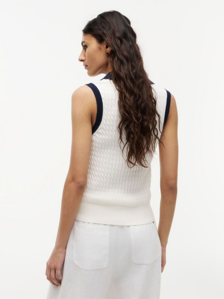 Bej Pulover Polo Fara Maneci Cu Croiala Slim Tricotat Cable  Femei