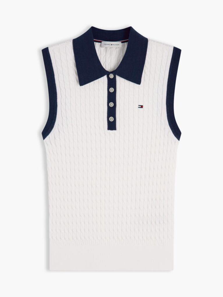 Bej Pulover Polo Fara Maneci Cu Croiala Slim Tricotat Cable  Femei