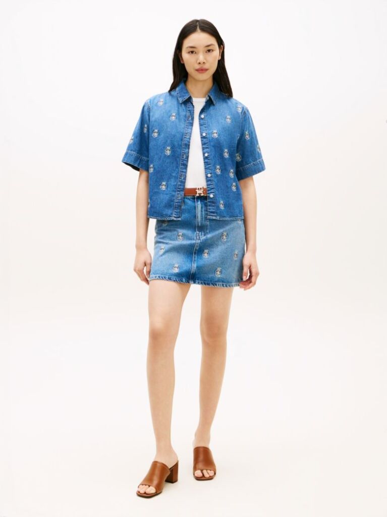 Blue Relaxed Fit Embroidery Short Sleeve Denim Shirt  Women