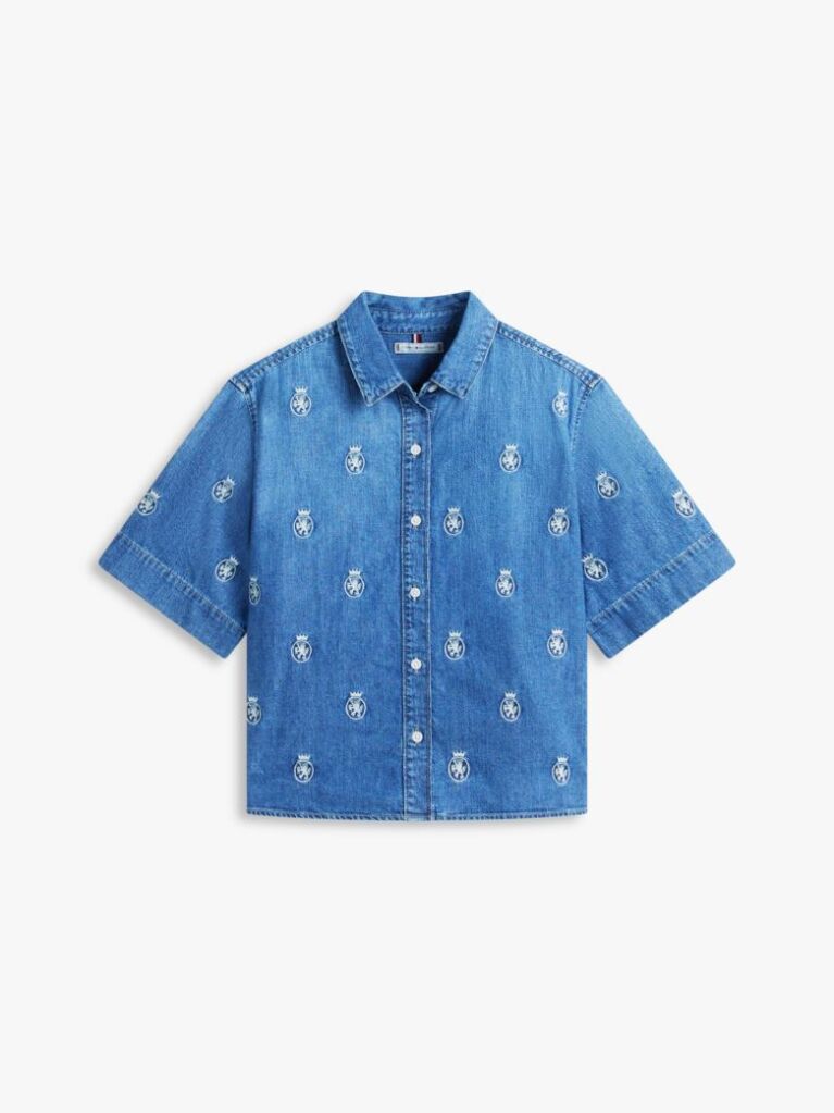 Blue Relaxed Fit Embroidery Short Sleeve Denim Shirt  Women