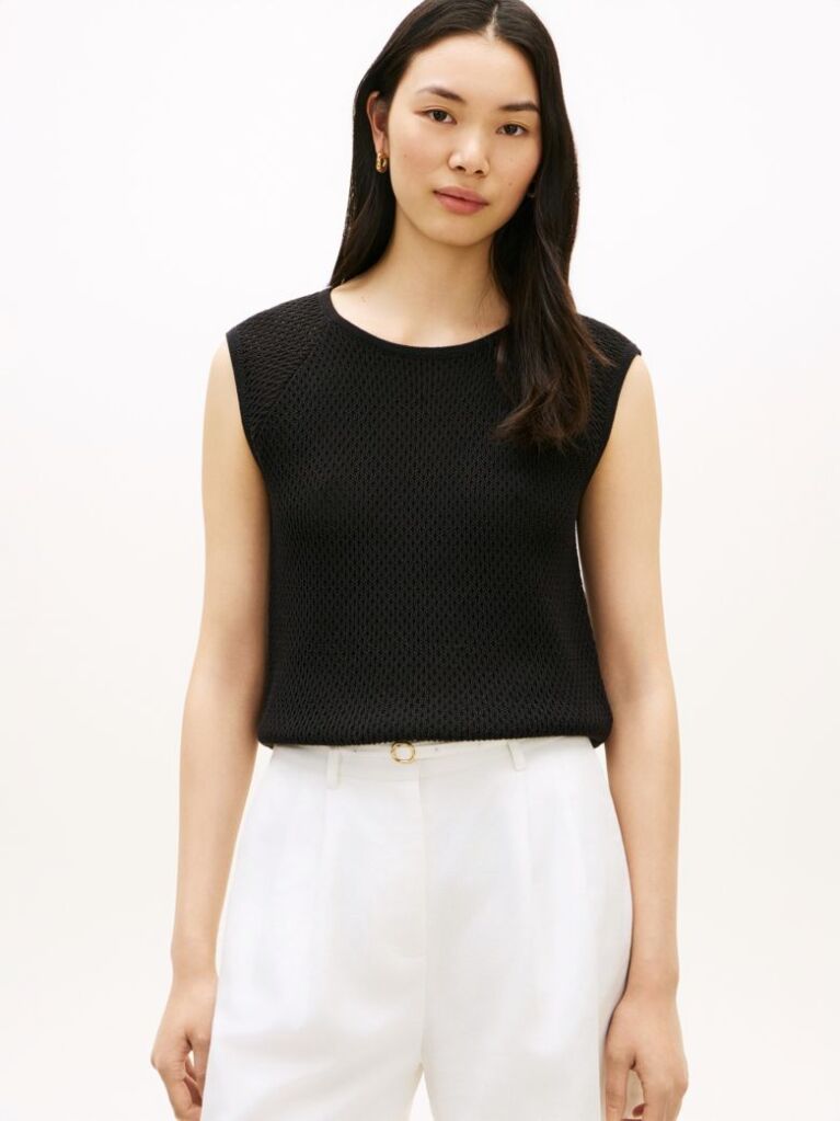 Negru Top Tricotat Crochetat Raglan Cu Maneci Scurte  Femei