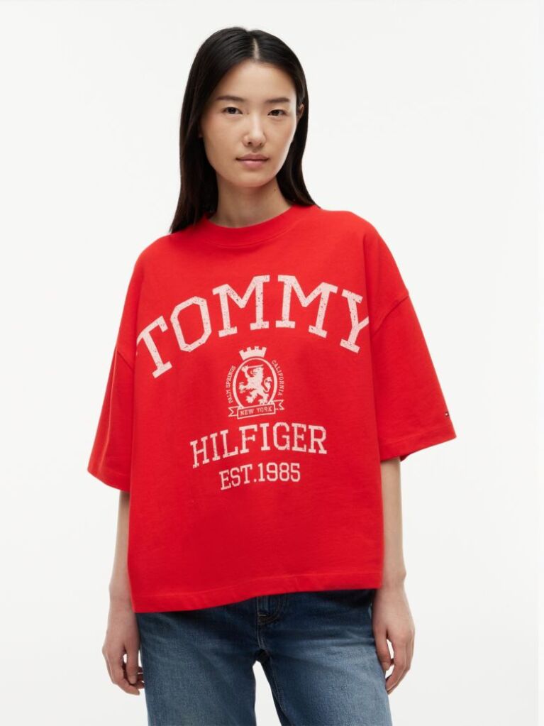 Rosu Tricou Oversized Crest Cu Croiala Lejera  Femei