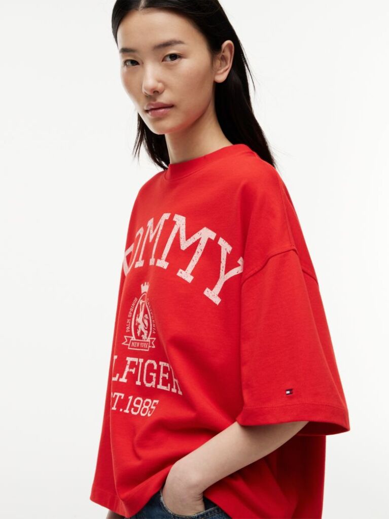 Rosu Tricou Oversized Crest Cu Croiala Lejera  Femei