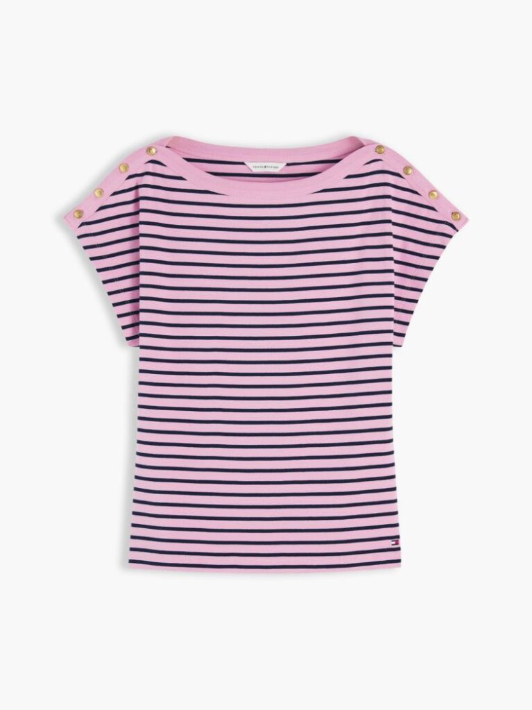 Multi Gold-Tone Button Boat Neck T-Shirt  Women