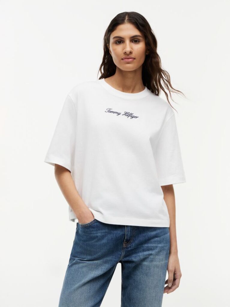 Alb Tricou Lejer Cu Guler Rotund Si Logo Brodat  Femei