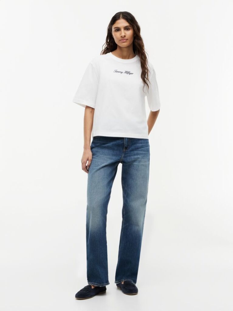 Alb Tricou Lejer Cu Guler Rotund Si Logo Brodat  Femei