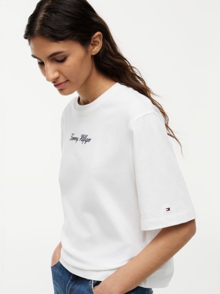 Alb Tricou Lejer Cu Guler Rotund Si Logo Brodat  Femei