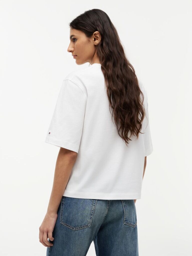 Alb Tricou Lejer Cu Guler Rotund Si Logo Brodat  Femei