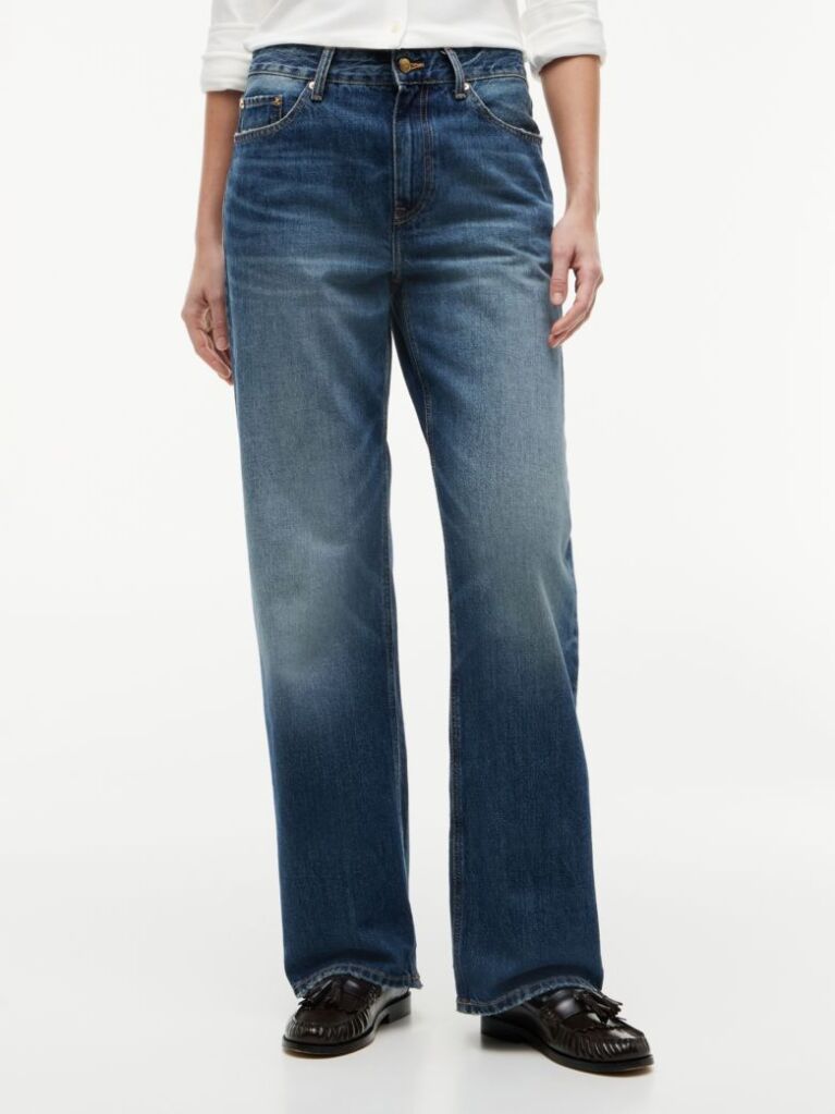 Blue Gold-Tone Button Mid Rise Loose Straight Jeans  Women