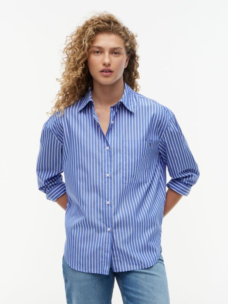 Multi Oversized Fit Stripe Shirttail Hem Poplin Shirt  Women