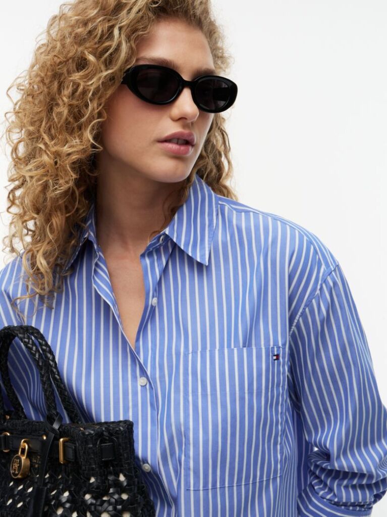 Multi Oversized Fit Stripe Shirttail Hem Poplin Shirt  Women