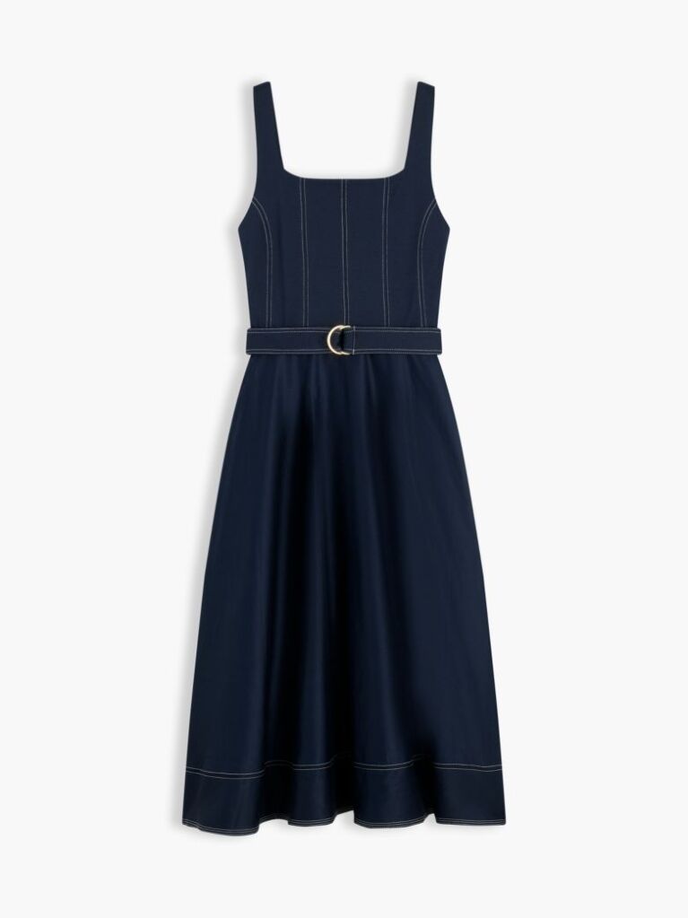 Blue Topstitch Square Neck Belted Midi Dress  Women