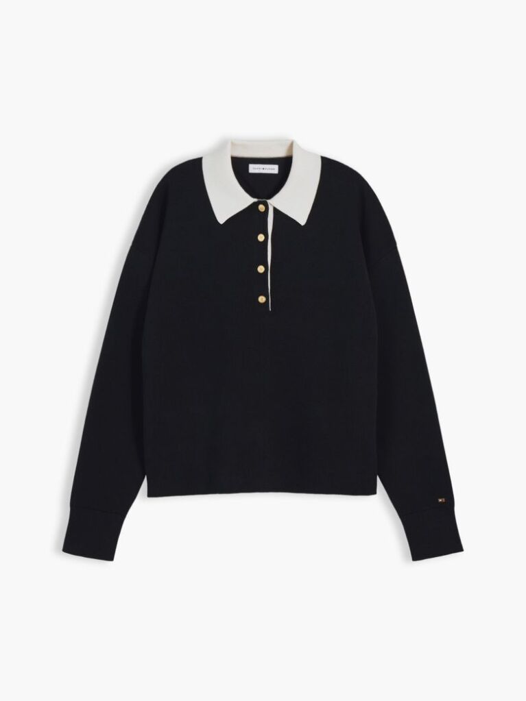 Negru Pulover Polo Premium Tricotat Cu Nasturi Aurii  Femei