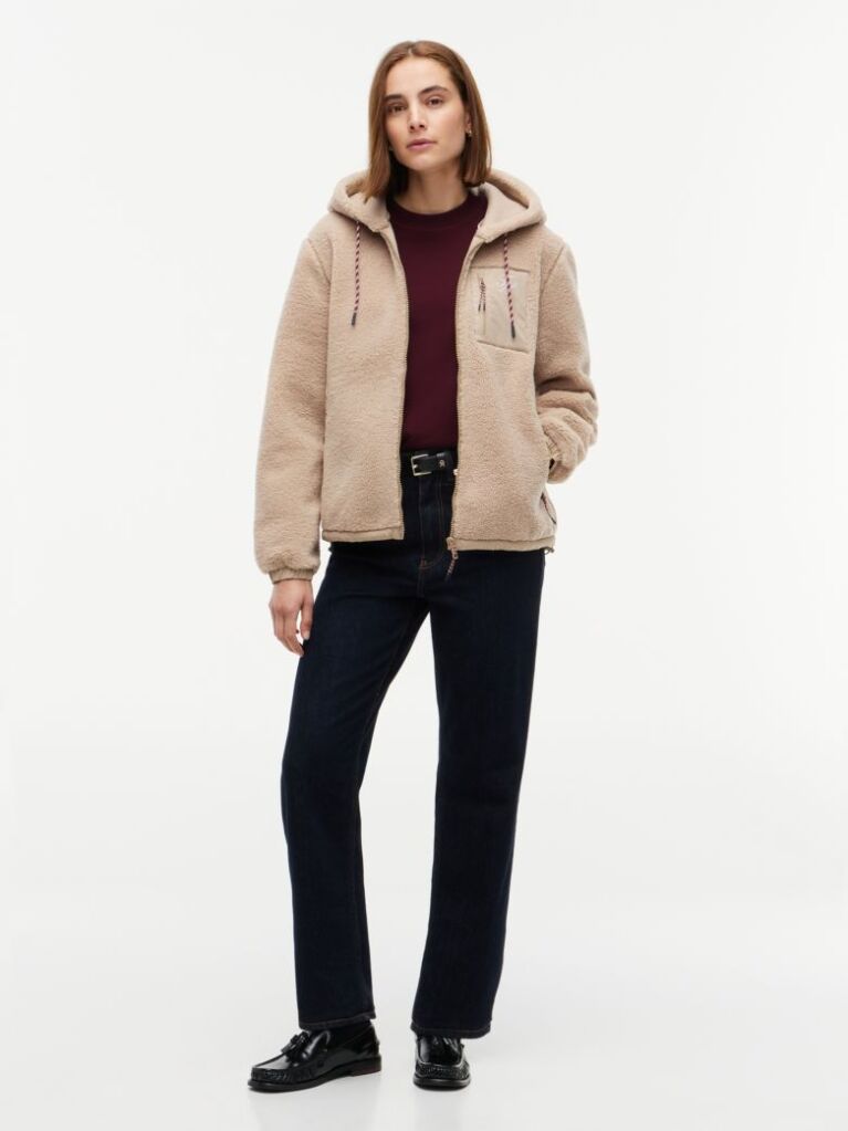 Bej Jacketa Cu Gluga Din Fleece Teddy Cu Croiala Lejera Si Fermoar  Femei
