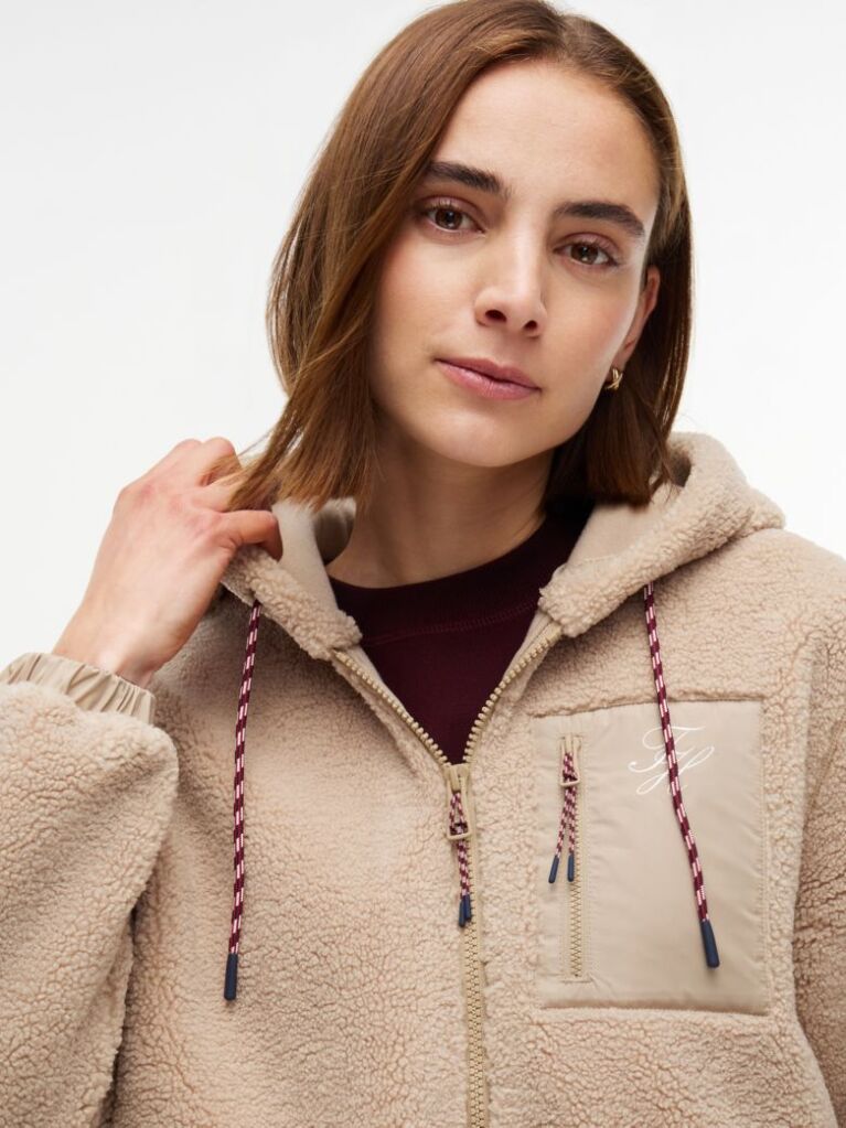 Bej Jacketa Cu Gluga Din Fleece Teddy Cu Croiala Lejera Si Fermoar  Femei