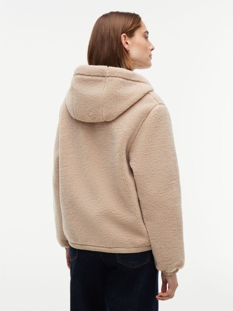 Bej Jacketa Cu Gluga Din Fleece Teddy Cu Croiala Lejera Si Fermoar  Femei