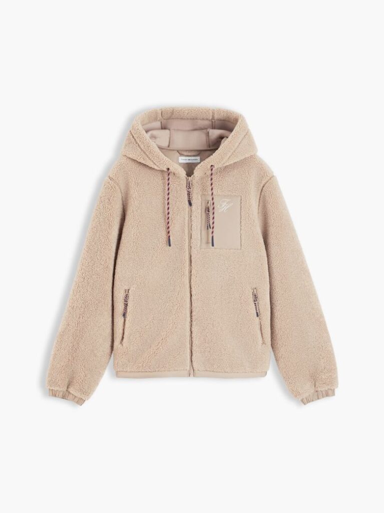 Bej Jacketa Cu Gluga Din Fleece Teddy Cu Croiala Lejera Si Fermoar  Femei