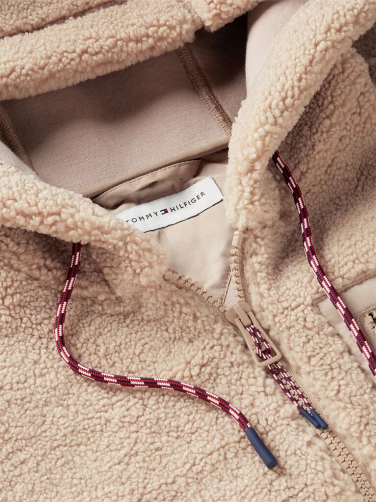 Bej Jacketa Cu Gluga Din Fleece Teddy Cu Croiala Lejera Si Fermoar  Femei