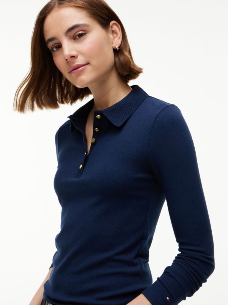 Blue Slim Fit Ribbed Long Sleeve Polo Shirt  Women