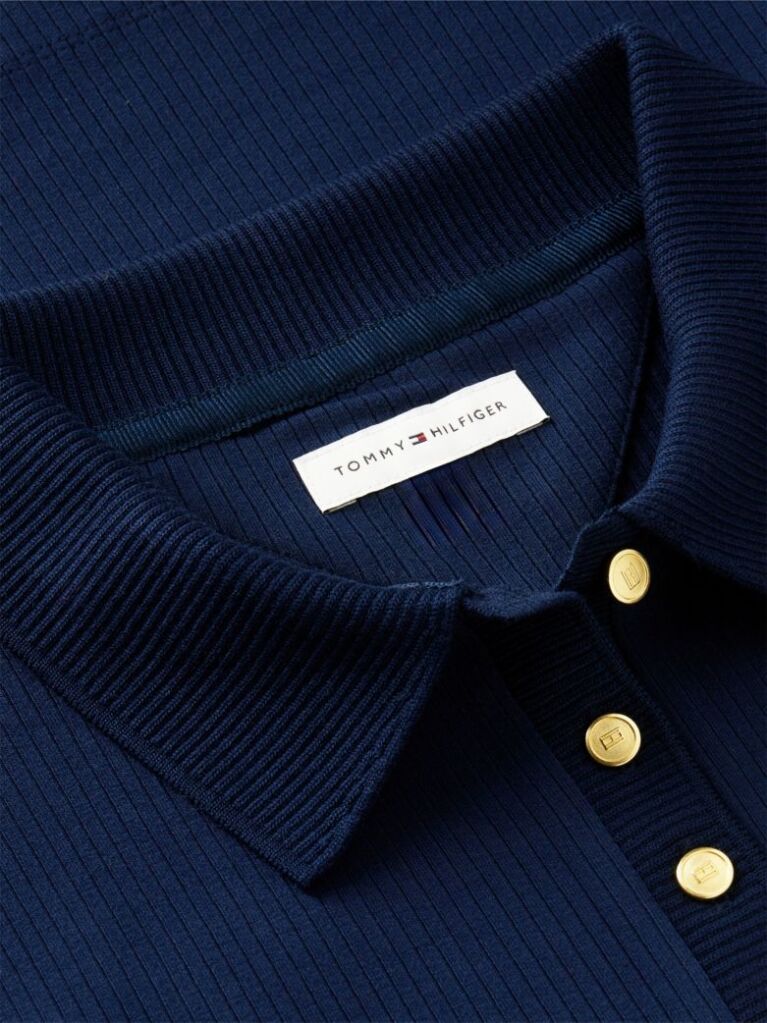 Blue Slim Fit Ribbed Long Sleeve Polo Shirt  Women