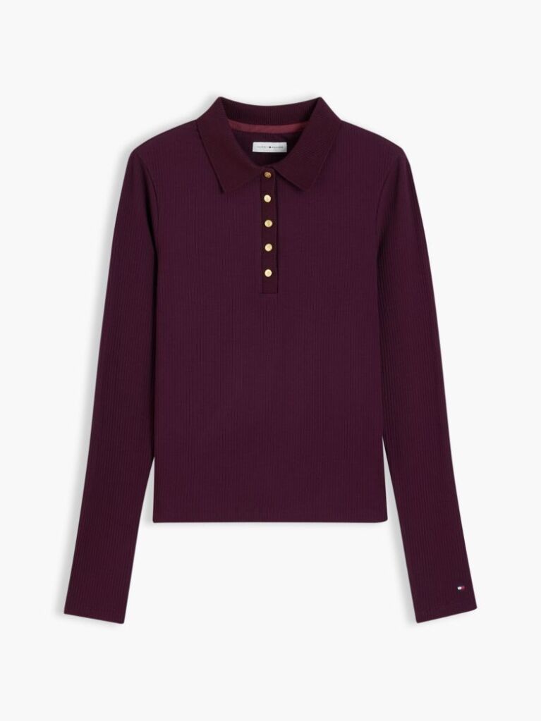 Red Slim Fit Ribbed Long Sleeve Polo Shirt  Women