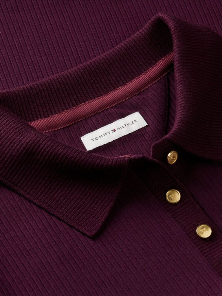 Red Slim Fit Ribbed Long Sleeve Polo Shirt  Women