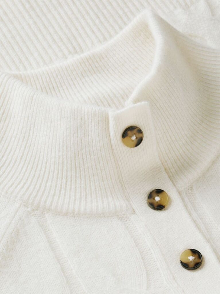 Beige Pure Wool Button Mock Neck Jumper  Women