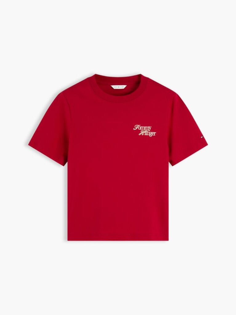 Rosu T-Shirt Din Jerseu Cu Logo Si Guler Rotund  Femei