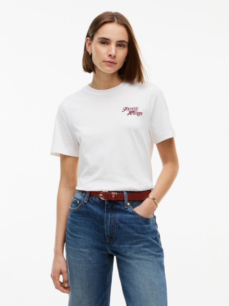 Bej T-Shirt Din Jerseu Cu Logo Si Guler Rotund  Femei