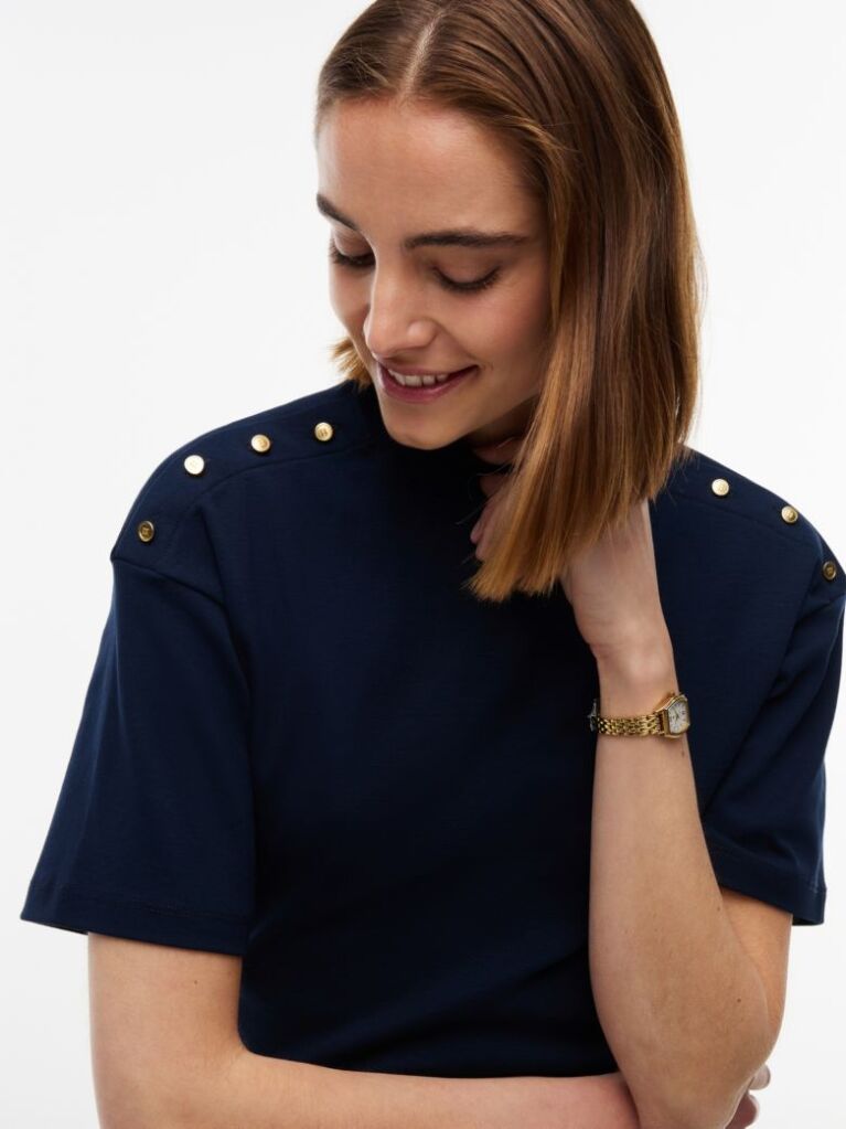 Blue T-Shirt Cu Guler Rotund Si Nasturi Aurii  Femei