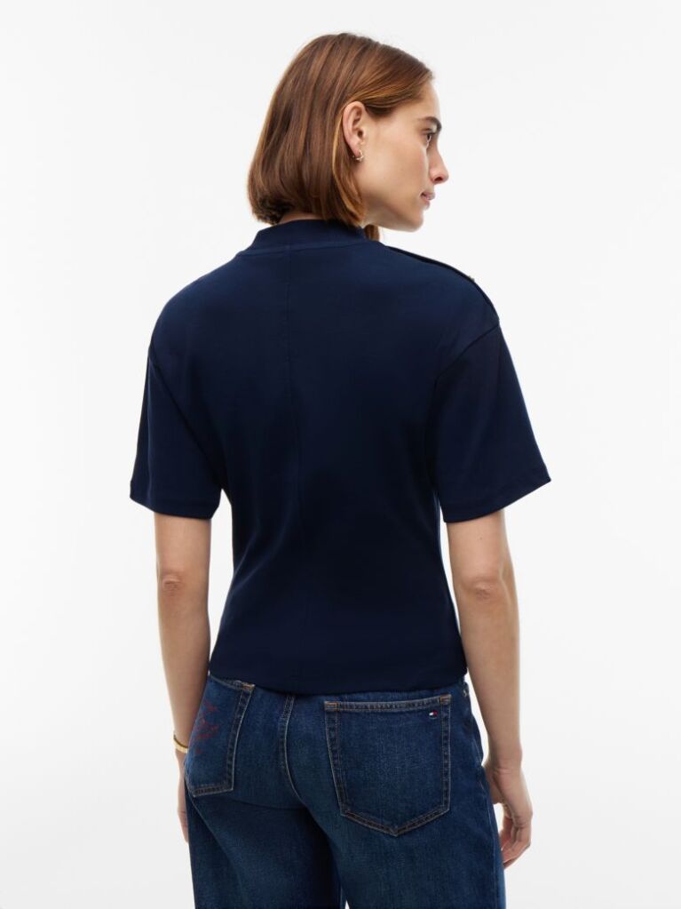 Blue T-Shirt Cu Guler Rotund Si Nasturi Aurii  Femei