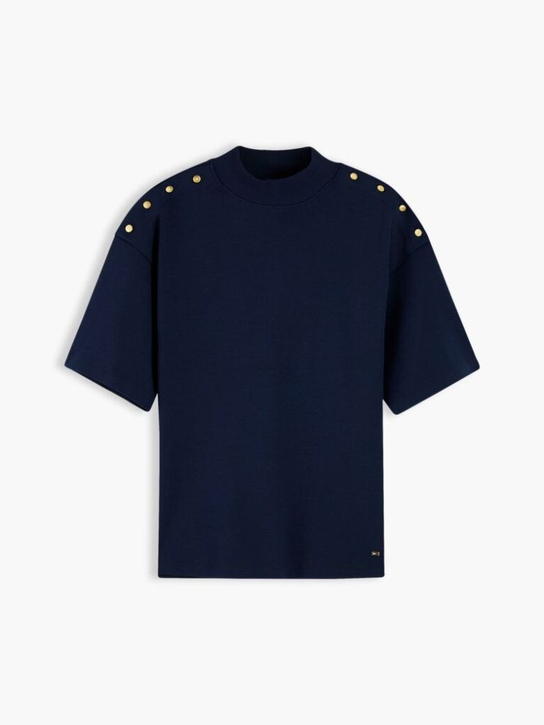 Blue T-Shirt Cu Guler Rotund Si Nasturi Aurii  Femei