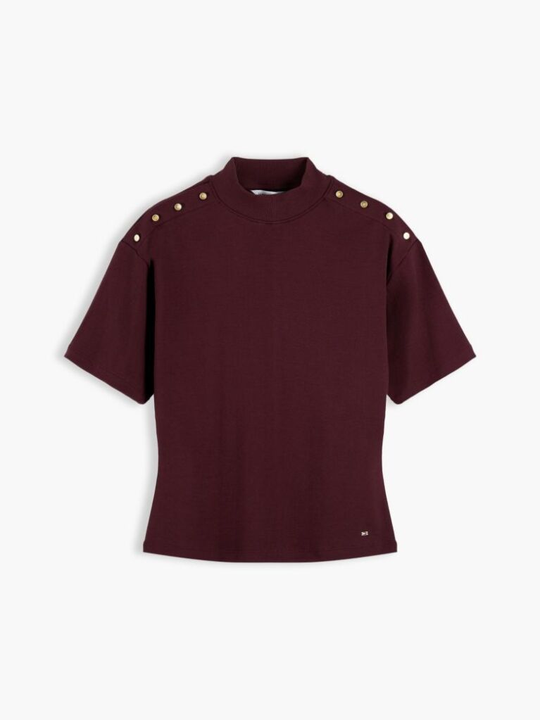 Rosu T-Shirt Cu Guler Rotund Si Nasturi Aurii  Femei