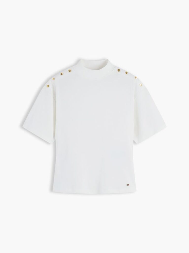 Bej T-Shirt Cu Guler Rotund Si Nasturi Aurii  Femei